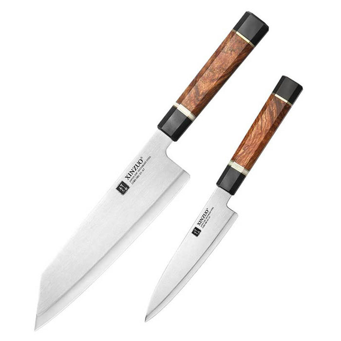 Xinzuo ZDP-189 2 Pcs Composite Steel Chef and Utility Knife Set with Black G10, White Ox Bone, and Padauk Wood Handle