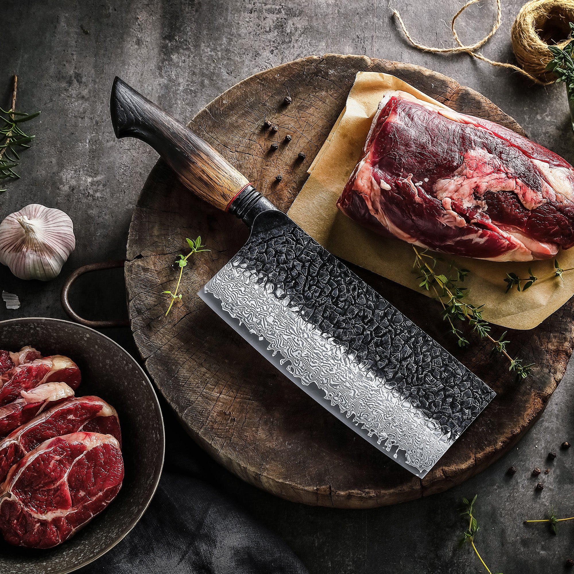 食器 Kuusui45 Xinzuo X06 67 Layers Damascus Steel Cleaver Knife Burnt White Oak