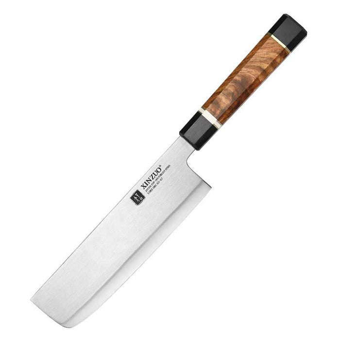 Xinzuo ZDP-189 Composite Steel Nakiri Knife with Black G10, White Ox Bone, and Padauk Wood Handle