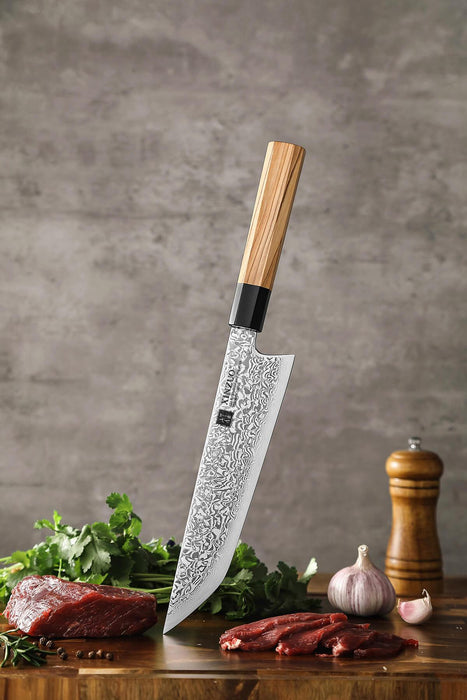 Xinzuo Zhen Series 8.5" 67 Layer Damascus Japanese Sakimaru Knife with Olive Wood Handle Open Box