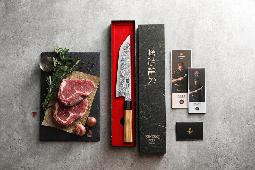 Xinzuo Zhen Series 8.5" 67 Layer Damascus Japanese Sakimaru Knife with Olive Wood Handle Open Box