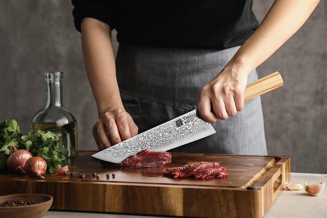 Xinzuo Zhen Series 8.5" 67 Layer Damascus Japanese Sakimaru Knife with Olive Wood Handle Open Box