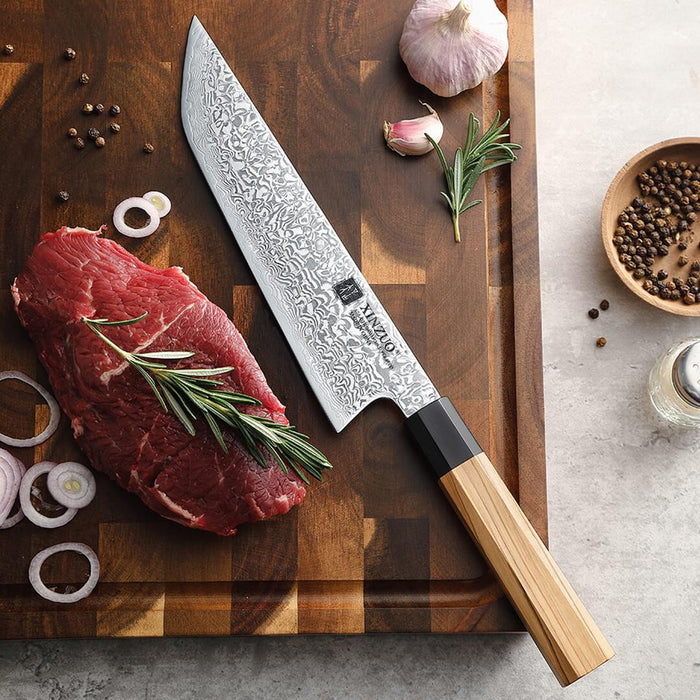 Xinzuo Zhen Series 8.5" 67 Layer Damascus Japanese Sakimaru Knife with Olive Wood Handle Open Box