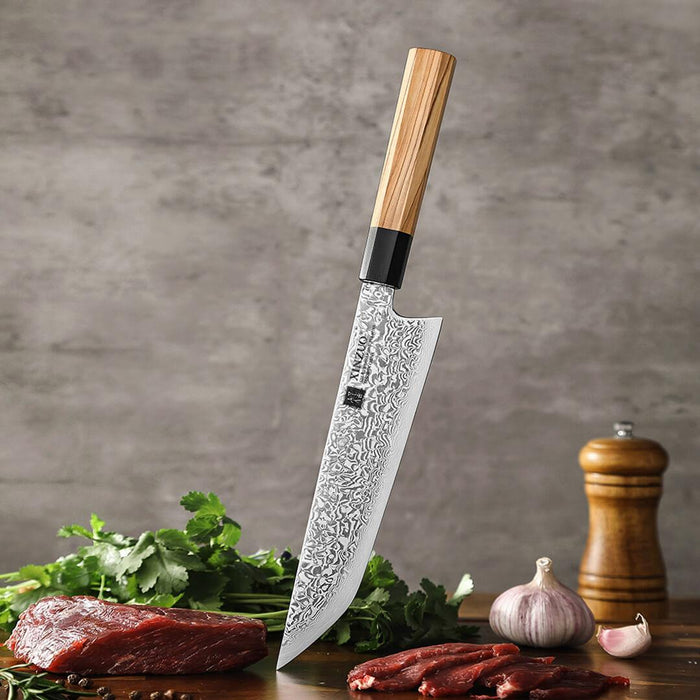 Xinzuo Zhen Series 8.5" 67 Layer Damascus Japanese Sakimaru Knife with Olive Wood Handle Open Box