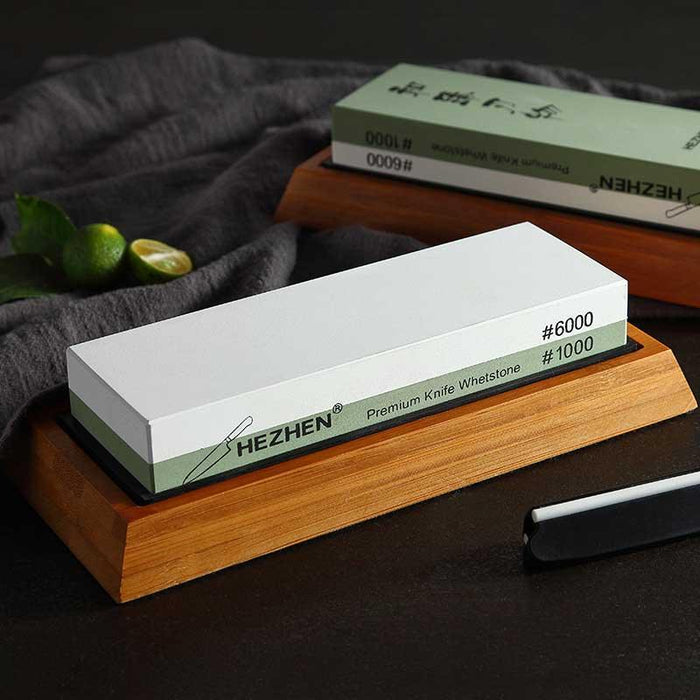 Hezhen Whetstone Knife Sharpener 2 sided 1000 & 6000 Grit Bamboo Base Angle Guide