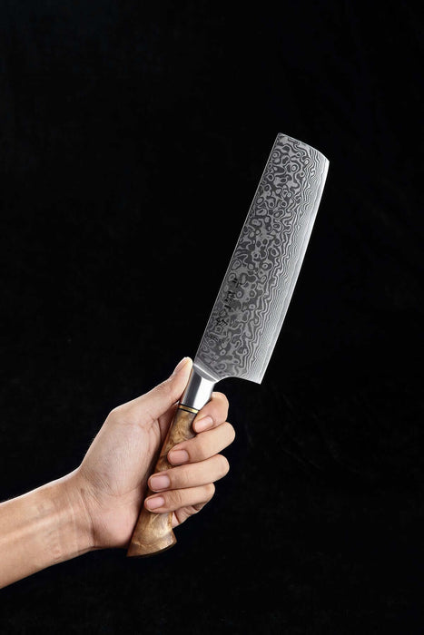 Hezhen B30 Japanese 67-Layer Damascus Steel Nakiri Knife holding in hand