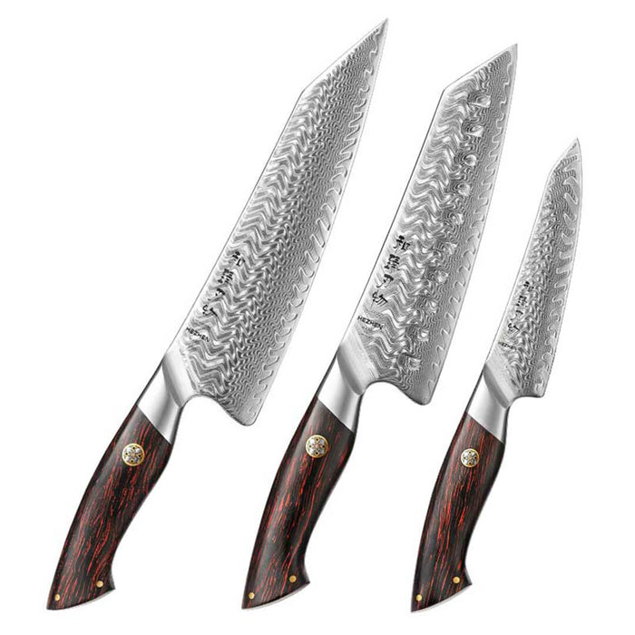 HEZHEN B38 3 Pcs Damascus Chef Knife Set with Wood Colored G10 Handle 8