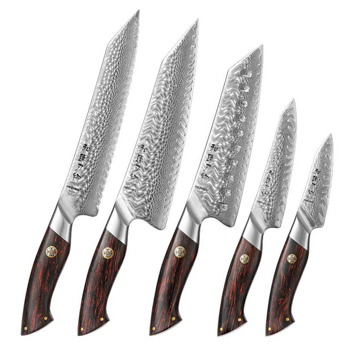 HEZHEN B38 5 Pcs Damascus Chef Knife Set with Wood Colored G10 Handle 10