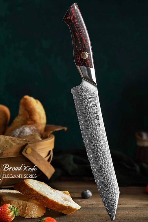 HEZHEN B38 73 Layer Damascus Bread Knife Wood Colored G10 Handle