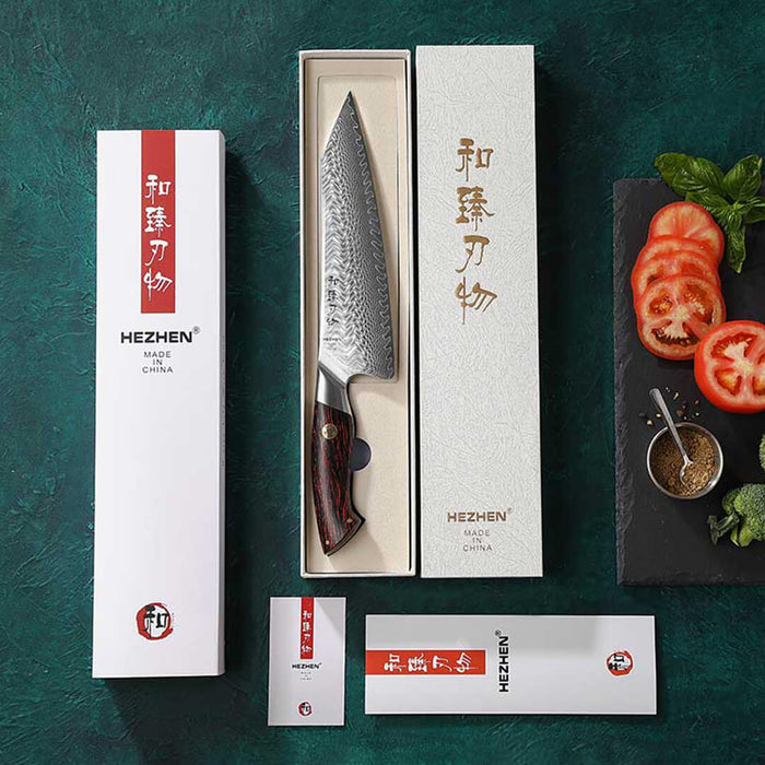 HEZHEN B38 73 Layer Damascus Chef Knife Wood Colored G10 Handle Gift Box