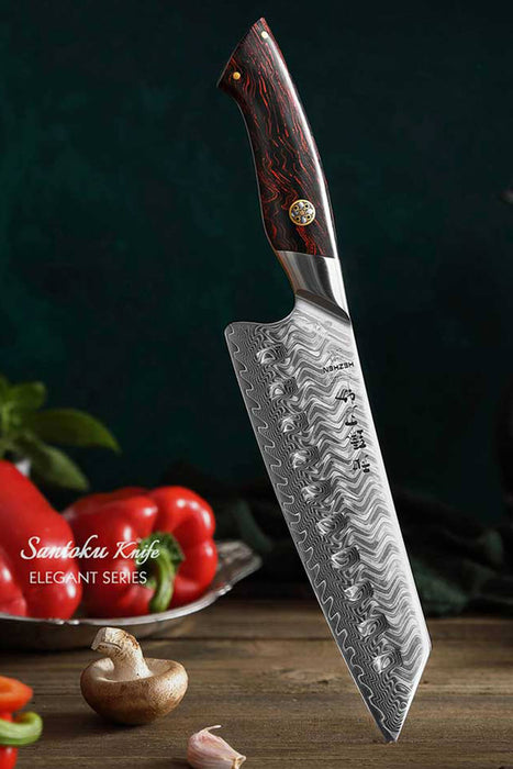 HEZHEN B38 Damascus Santoku Knife Wood Colored G10 Handle