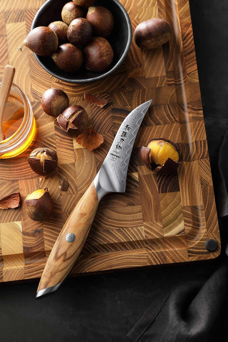 Hezhen X01 Flagship Series 4" 73 Layer Damascus Curved Paring Knife with Olive Wood Handle Open Box