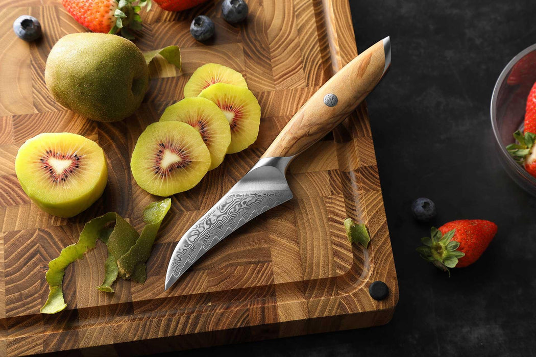 Hezhen X01 Flagship Series 4" 73 Layer Damascus Curved Paring Knife with Olive Wood Handle Open Box