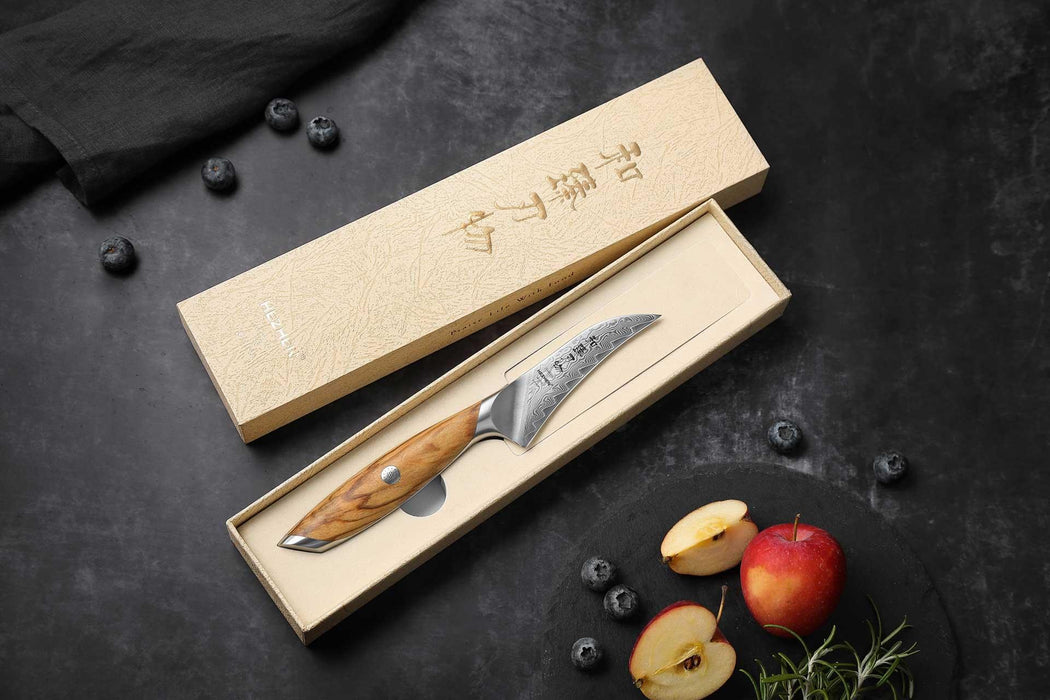 Hezhen X01 Flagship Series 4" 73 Layer Damascus Curved Paring Knife with Olive Wood Handle Open Box