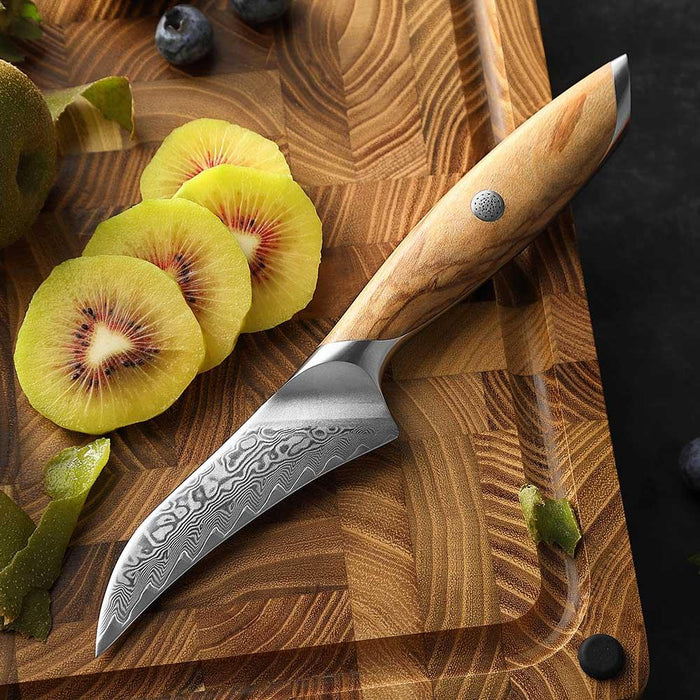 Hezhen X01 Flagship Series 4" 73 Layer Damascus Curved Paring Knife with Olive Wood Handle Open Box