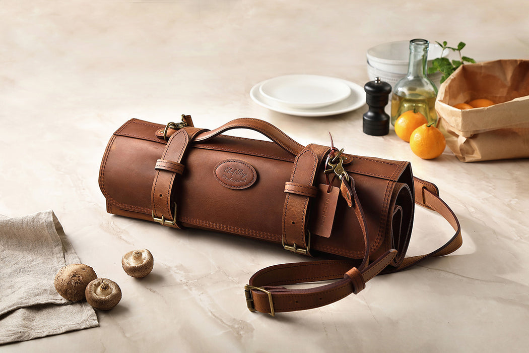 Hezhen High-Quality Full Grain Crazy Horse Leather Professional Chef Roll Bag 8 Slots 1 Zipper Pouch