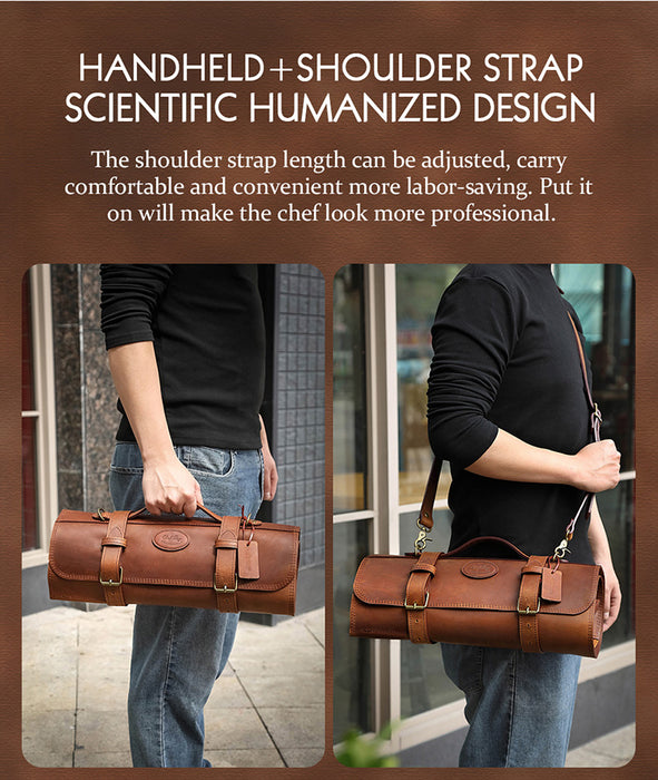 Hezhen High-Quality Full Grain Crazy Horse Leather Professional Chef Roll Bag 8 Slots 1 Zipper Pouch