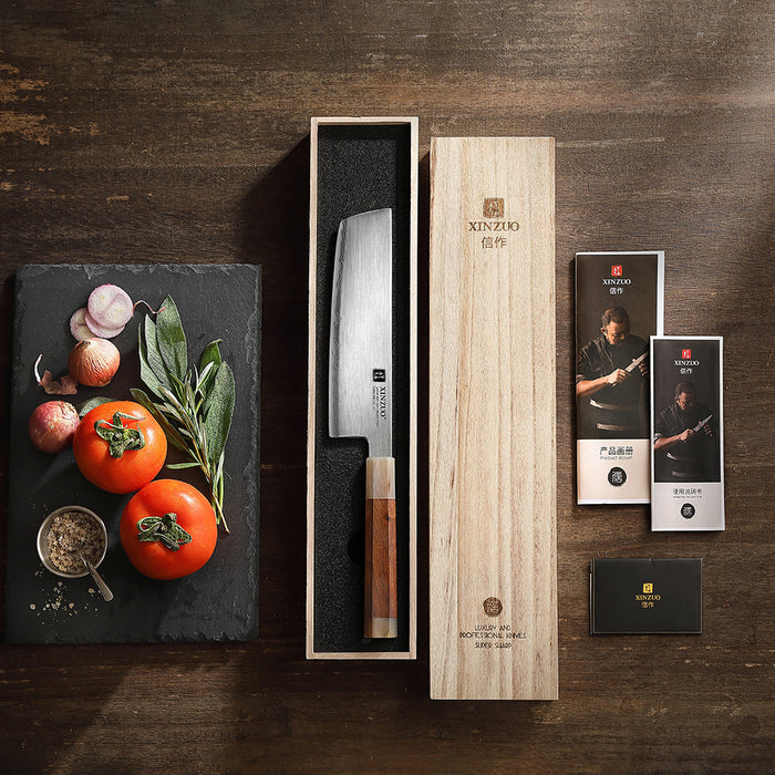 Xinzuo Japanese ZDP-189 Steel Nakiri Knife High-End Desert Ironwood Handle & Wooden Box