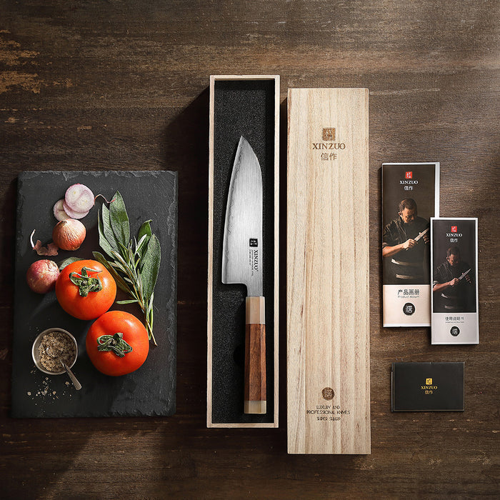 Xinzuo Japanese ZDP-189 Steel Santoku Knife High-End Desert Ironwood Handle & Wooden Box