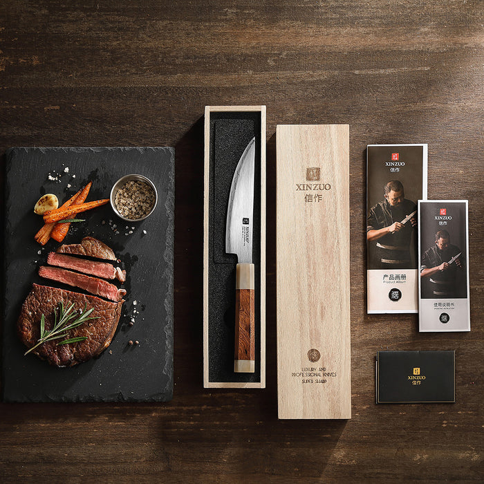 Xinzuo Japanese ZDP-189 Steel Steak Knife High-End Desert Ironwood Handle & Wooden Box