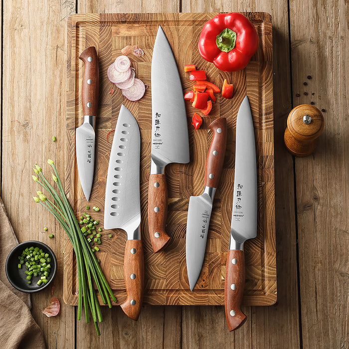 Xinzuo's 5 Pcs German x50crmov15 / 1.4116 Steel Knife Set with Redwood Handles