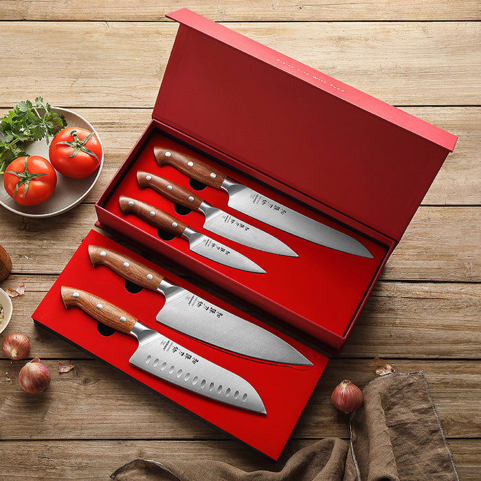Xinzuo's 5 Pcs German x50crmov15 / 1.4116 Steel Knife Set with Redwood Handles