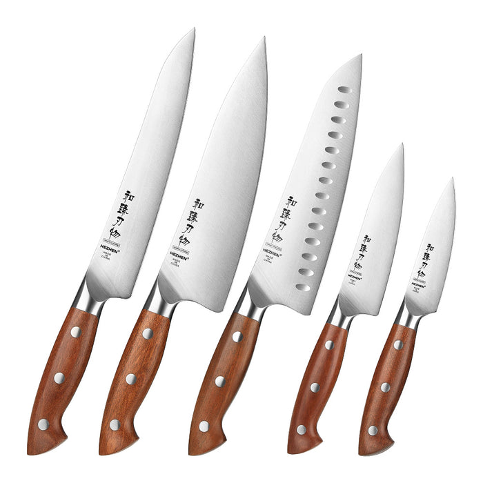 Xinzuo's 5 Pcs German x50crmov15 / 1.4116 Steel Knife Set with Redwood Handles