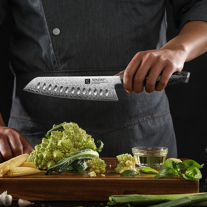 Xinzuo X04 67 Layers Damascus Steel Santoku Knife Burnt White Oak Handles
