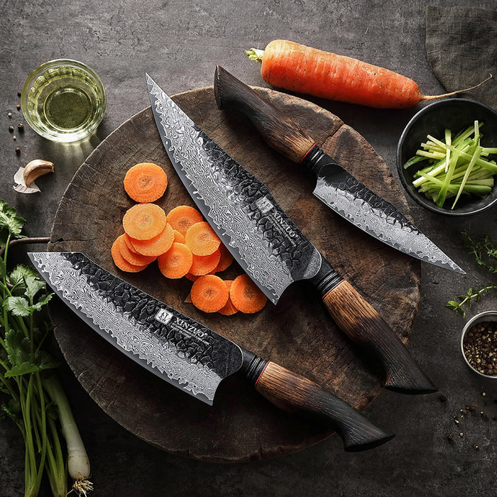 Xinzuo X06 3 Pcs Chef, Santoku & Utility Damascus Knife Set Burnt White Oak Handles