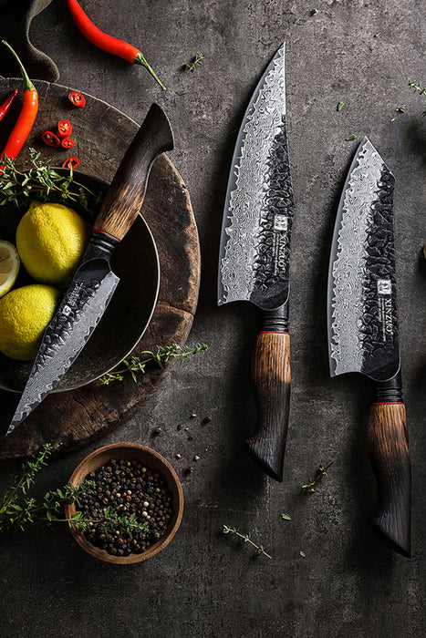 Xinzuo X06 3 Pcs Chef, Santoku & Utility Damascus Knife Set Burnt White Oak Handles