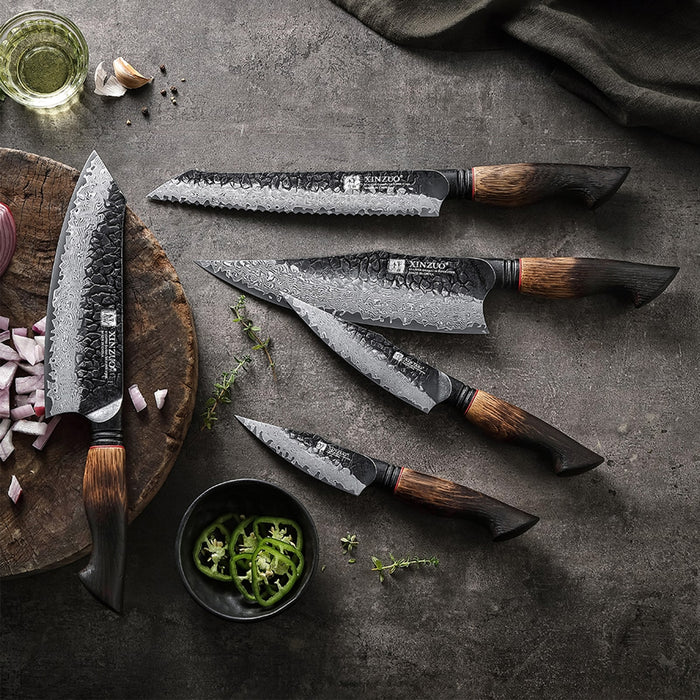 Xinzuo X06 5 Pcs Chef, Santoku, Bread, Utility & Paring Damascus Knife Set Burnt White Oak Handles