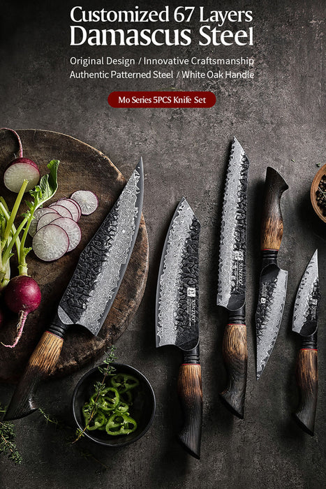 Xinzuo X06 5 Pcs Chef, Santoku, Bread, Utility & Paring Damascus Knife Set Burnt White Oak Handles
