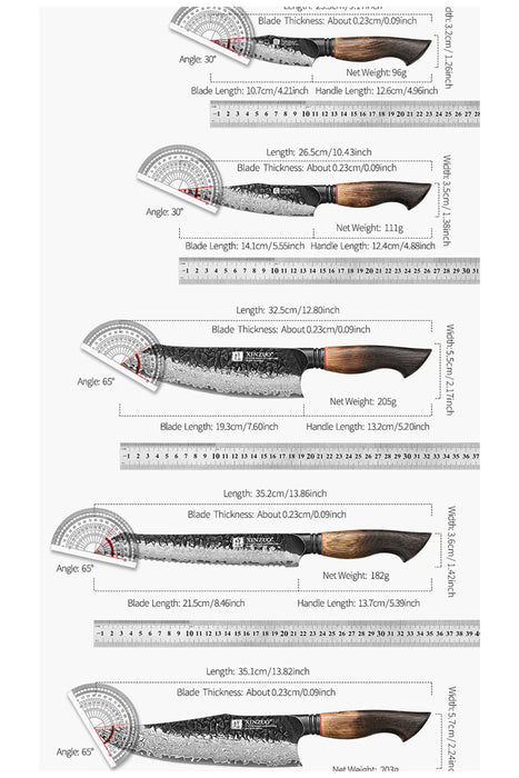 Xinzuo X06 5 Pcs Chef, Santoku, Bread, Utility & Paring Damascus Knife Set Burnt White Oak Handles