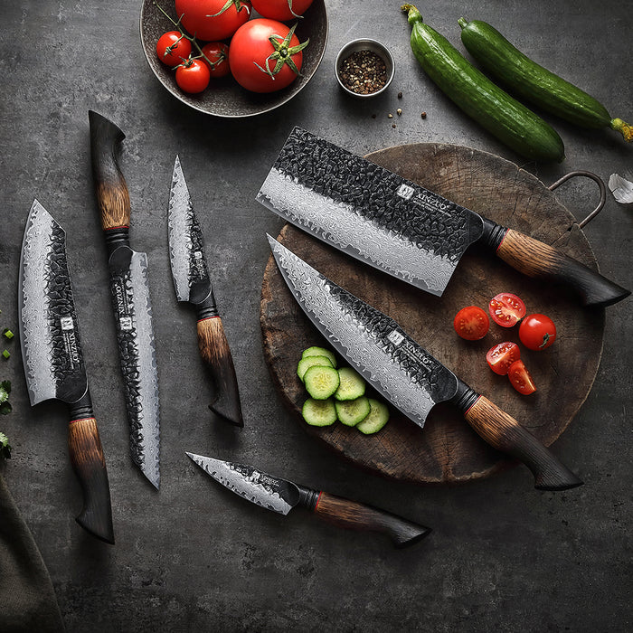 Xinzuo X06 6 Pcs Chef, Santoku, Bread, Utility, Paring & Cleaver Set Burnt White Oak Handles