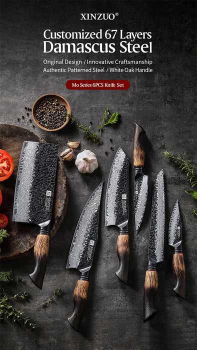 Xinzuo X06 6 Pcs Chef, Santoku, Bread, Utility, Paring & Cleaver Set Burnt White Oak Handles