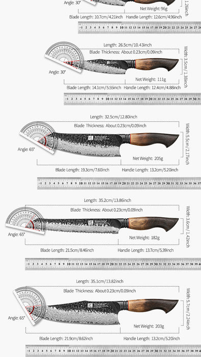 Xinzuo X06 6 Pcs Chef, Santoku, Bread, Utility, Paring & Cleaver Set Burnt White Oak Handles