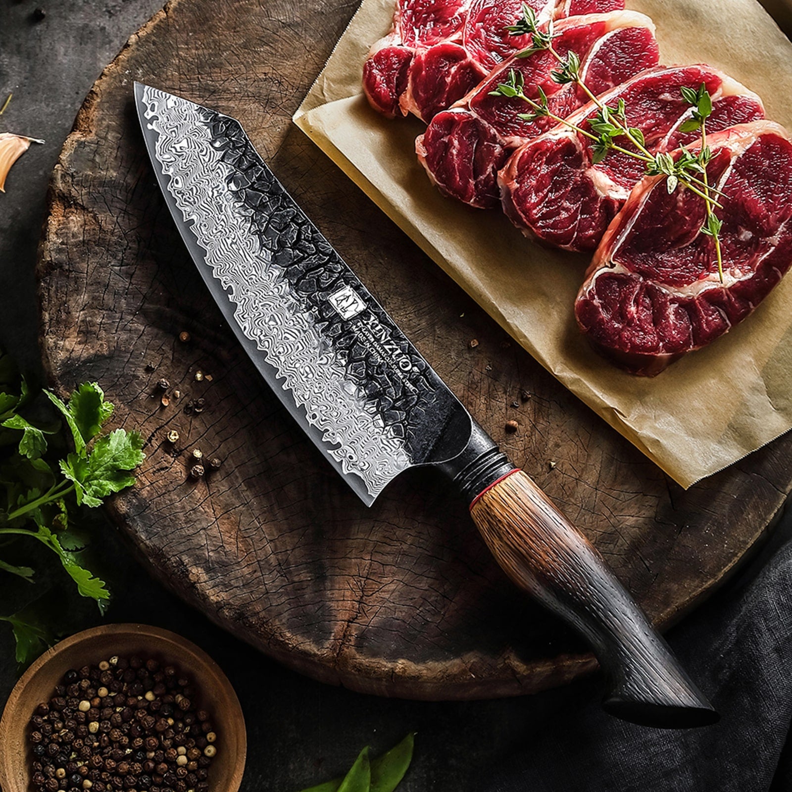 Xinzuo X06 67 Layers Damascus Steel Santoku Knife Burnt White Oak
