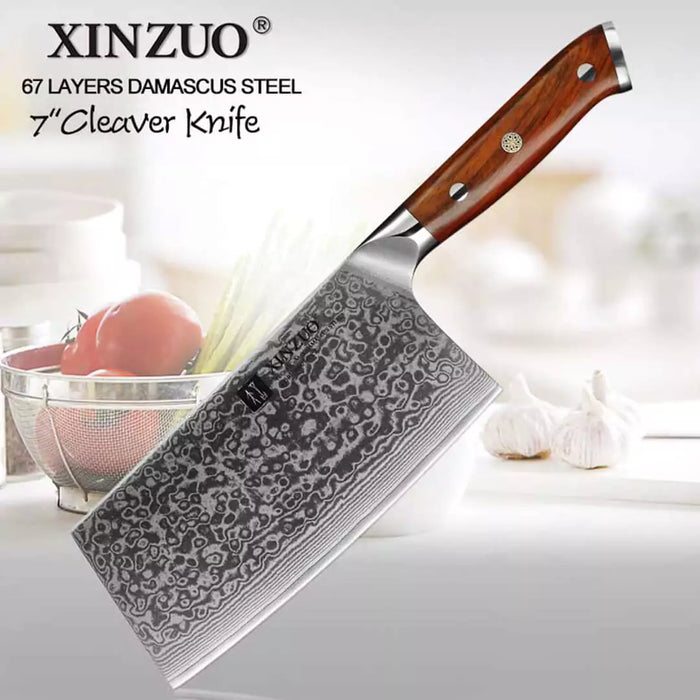 Xinzuo B13R 67 Layer VG10 Japanese Damascus Cleaver Knife with Rose Wood Handles