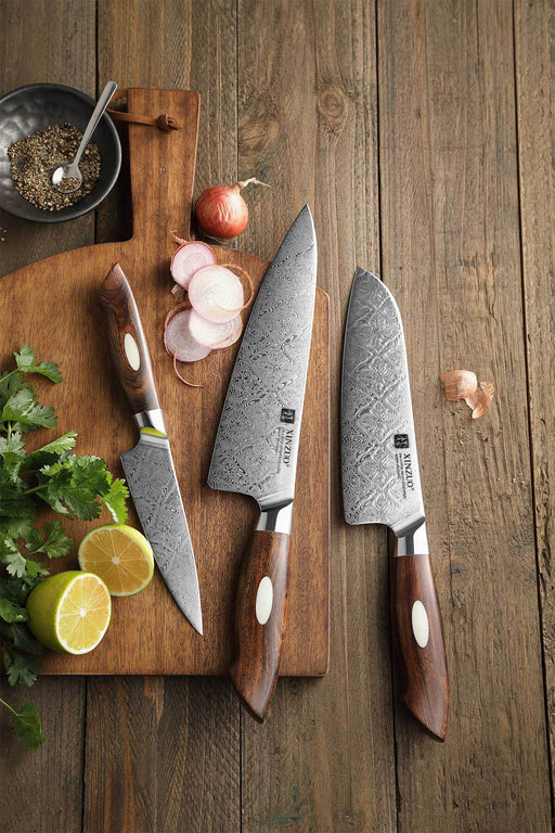 Xinzuo B46D 3 Pcs 110 Layer Damascus Chef Knife Set Ironwood Handles
