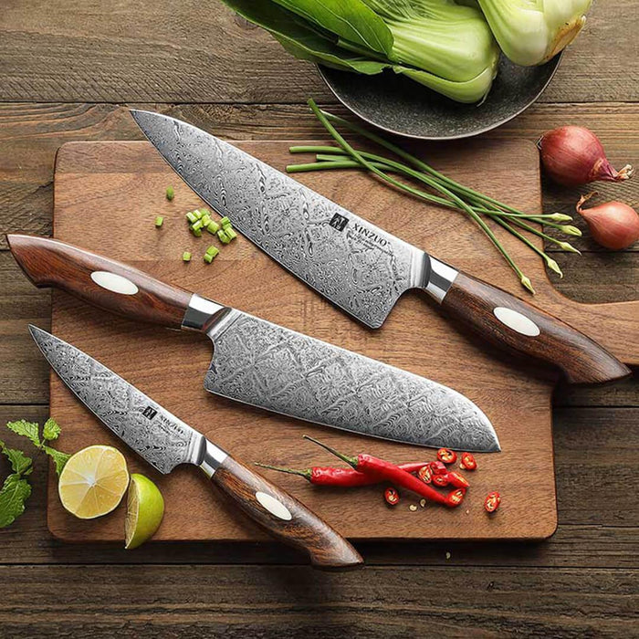 Xinzuo B46D 3 Pcs Damascus Chef Knife Set Ironwood Handle 3