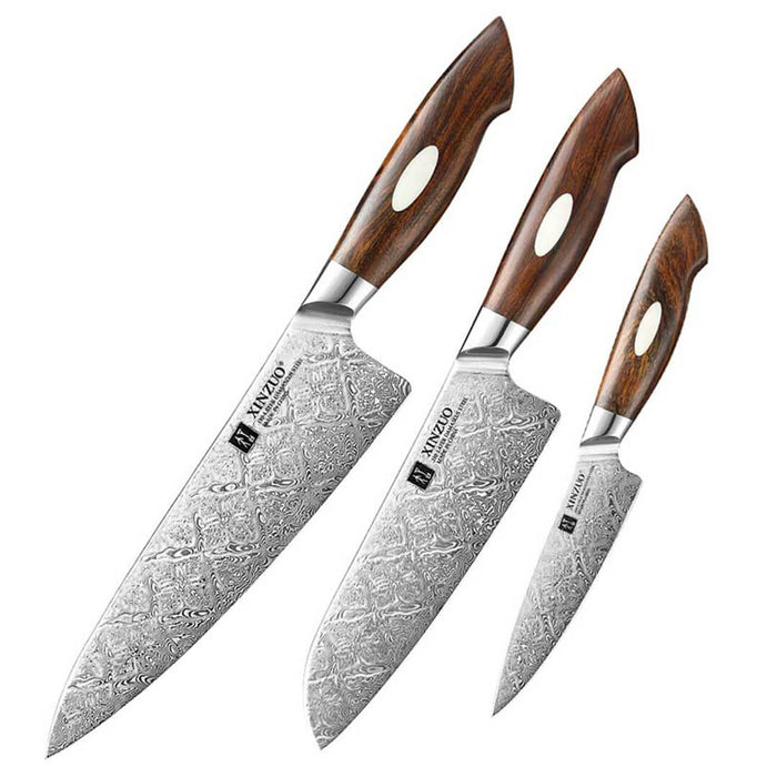 Xinzuo B46D 3 Pcs Damascus Chef Knife Set Ironwood Handle 8