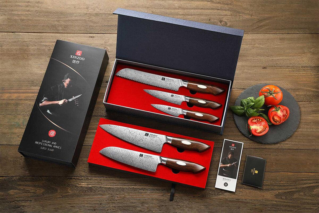 Xinzuo B46D 5 Pcs Damascus Chef Knife Set Dessert Ironwood Handle gift box