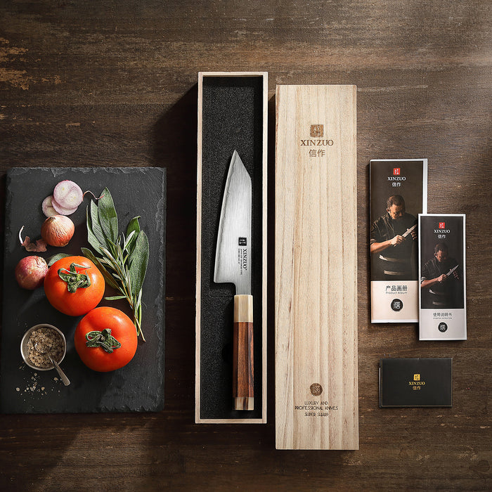 Xinzuo Japanese ZDP-189 Steel 6.5" Bunka Knife - Desert Ironwood & Bull Horn Handle - Wooden Box