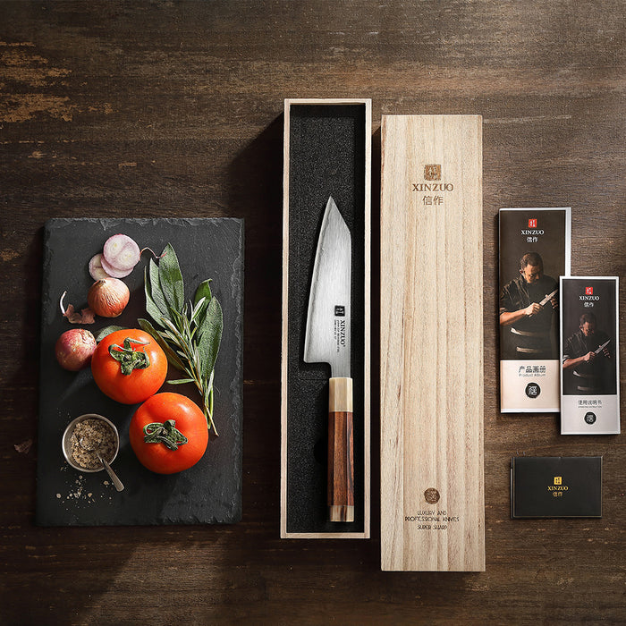 Xinzuo Japanese ZDP-189 Steel 6.5" Bunka Knife - Desert Ironwood & Bull Horn Handle - Wooden Box