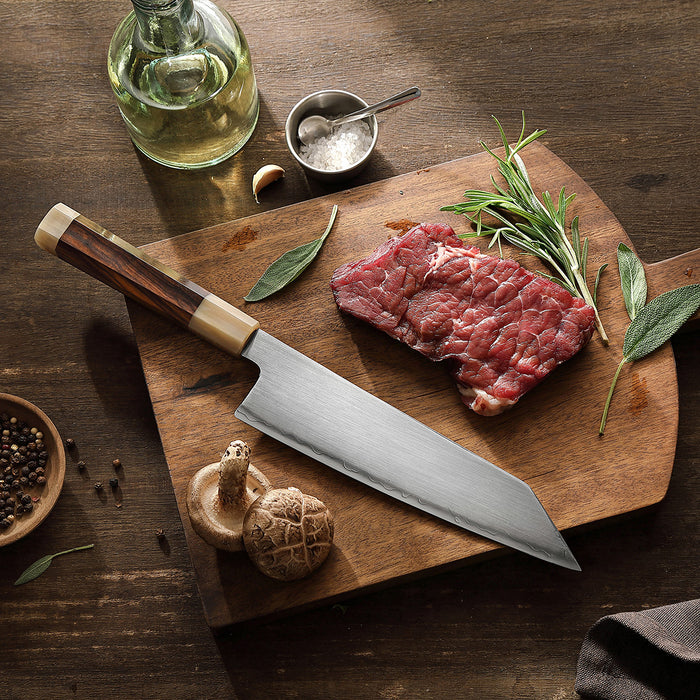 Xinzuo Japanese ZDP-189 Steel Bunka Knife - Desert Ironwood & Bull Horn Handle - Wooden Box