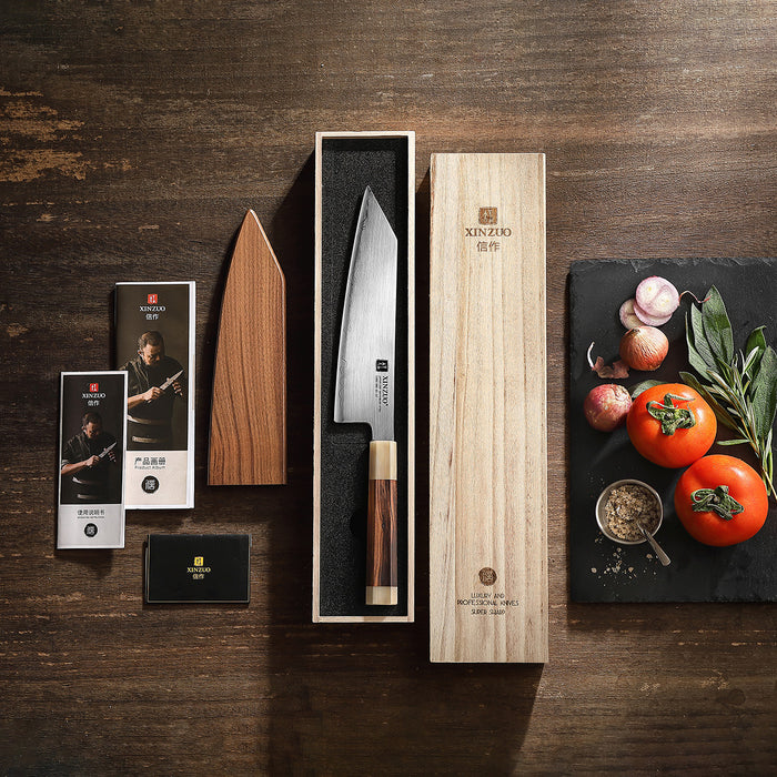 Xinzuo Japanese ZDP-189 Steel Bunka Knife - Desert Ironwood & Bull Horn Handle - Wooden Box