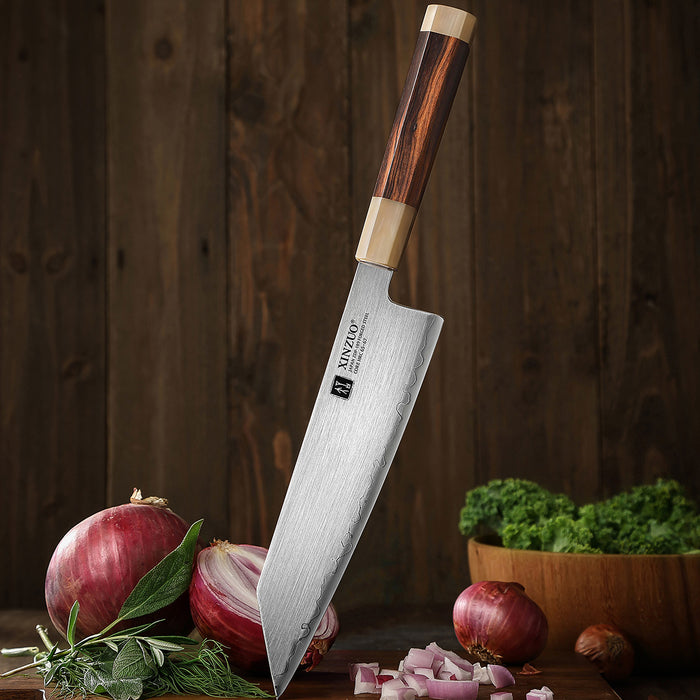 Xinzuo Japanese ZDP-189 Steel Bunka Knife - Desert Ironwood & Bull Horn Handle - Wooden Box
