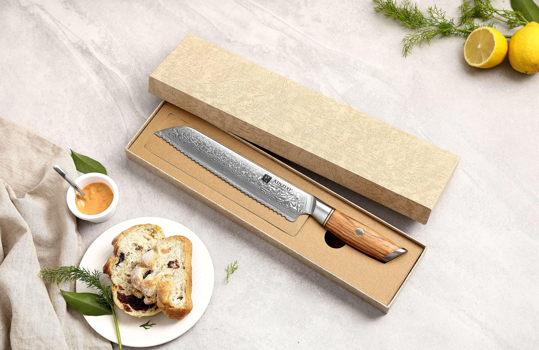 Xinxuo B37 Japanese Damascus Steel 73 Layers Powder Steel Kitchen Bread Knife - The Bamboo Guy