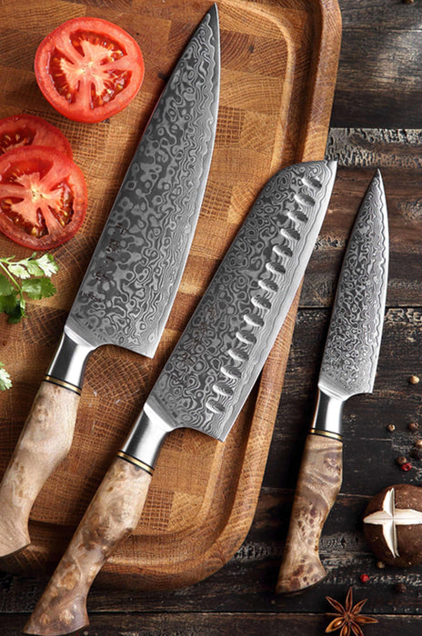 Hezhen 3pcs Knife Set Damascus Steel Kitchen Japanese style Chef Utility Santoku Knife - The Bamboo Guy