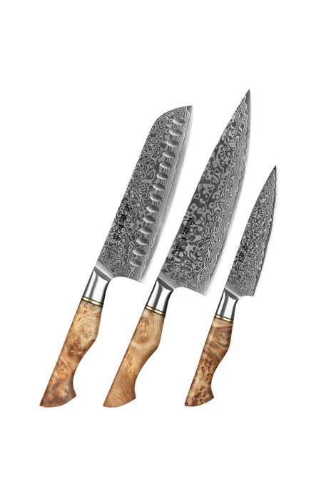 Hezhen 3pcs Knife Set Damascus Steel Kitchen Japanese style Chef Utility Santoku Knife - The Bamboo Guy